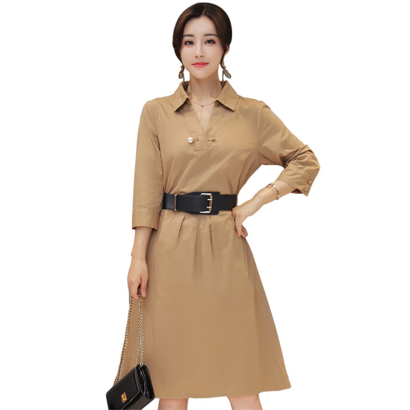 丝柏舍2017年秋季新款女纯色立领腰带百搭中长款连衣裙S73R0016L