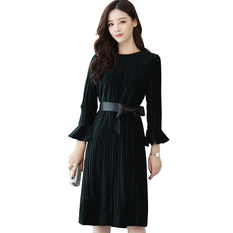 丝柏舍2018年秋季新款套头连衣裙喇叭袖修身气质中长A字裙S73R0041L