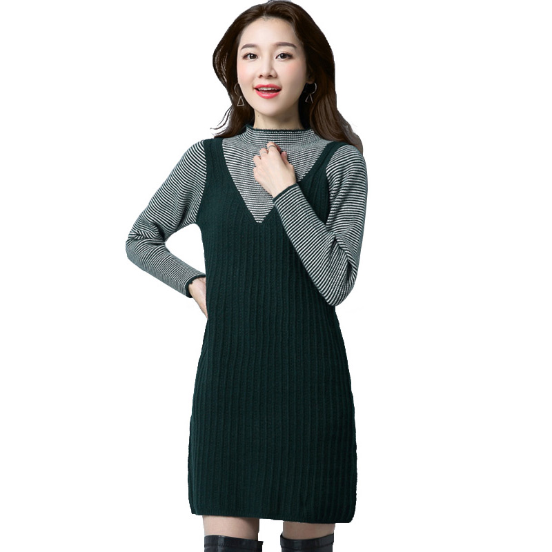 丝柏舍2017年秋季新款女装韩版长袖半高领假两件连衣裙S74F0180L