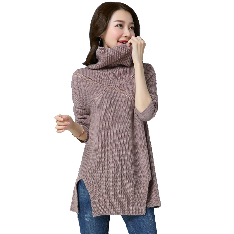 丝柏舍2018年秋季新款女装韩版纯色套头长袖高领开叉下摆毛衣 女S73K0023M