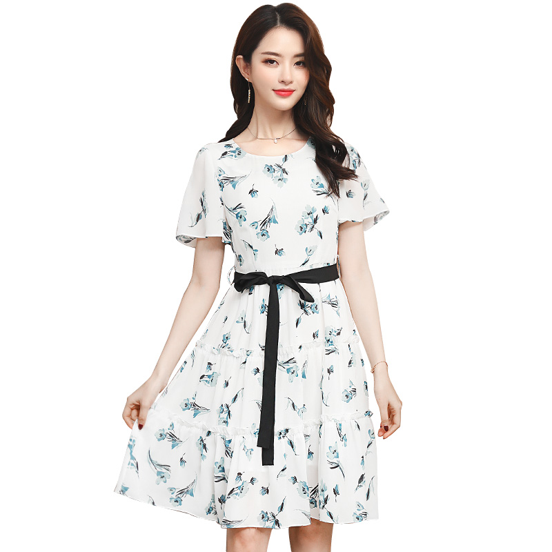 丝柏舍2018年夏装新款女装圆领印花腰带气质中款连衣裙S82R0048L