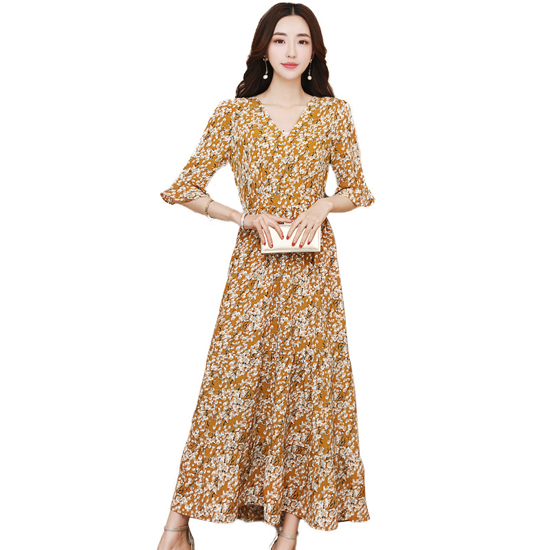 丝柏舍2018春装新款女韩版时尚V领印花收腰长款连衣裙S82R0212L