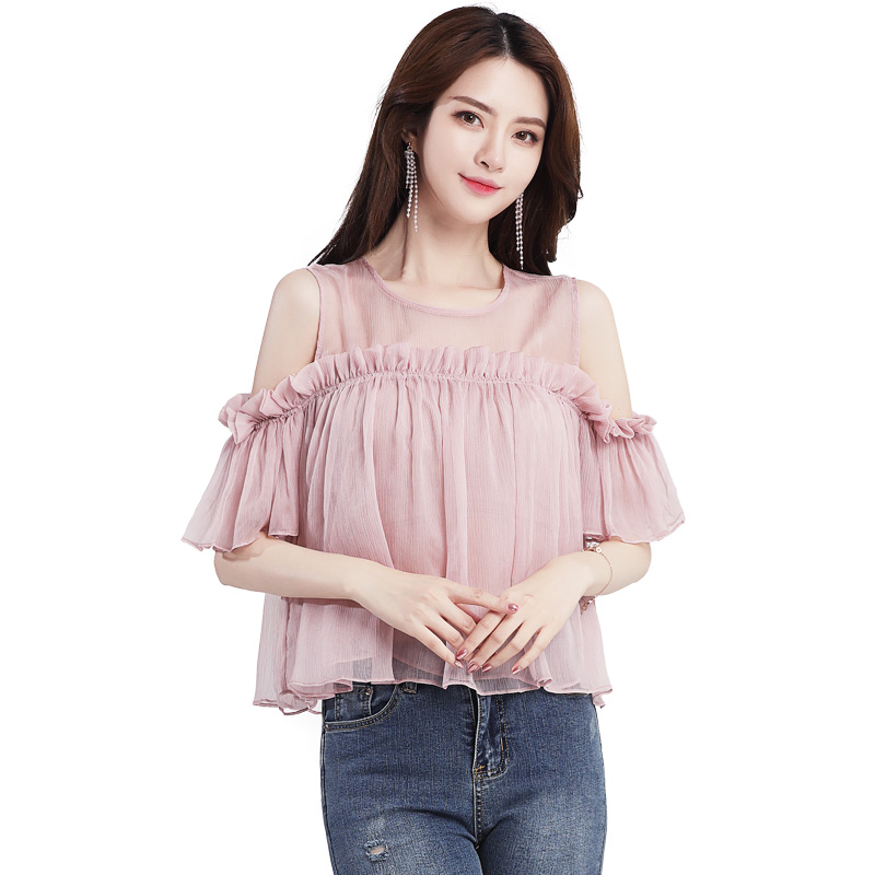 丝柏舍2018夏装新款女韩版显瘦圆领镂空露肩剪裁雪纺衫S82R0638S