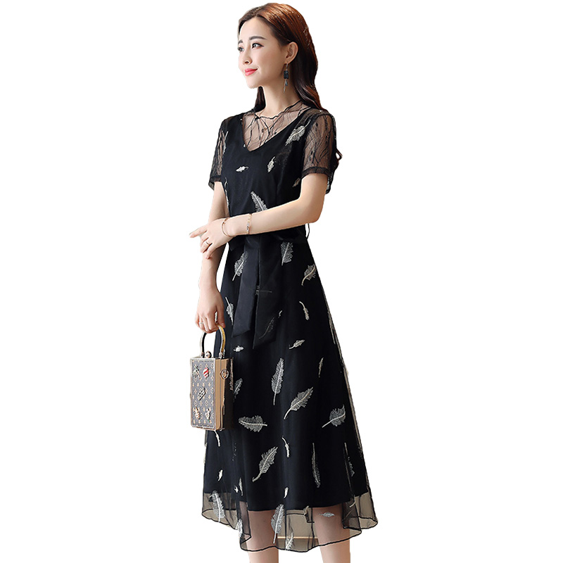 丝柏舍2018年夏季新款女装收腰款短袖印花中长款连衣裙S82T0991L
