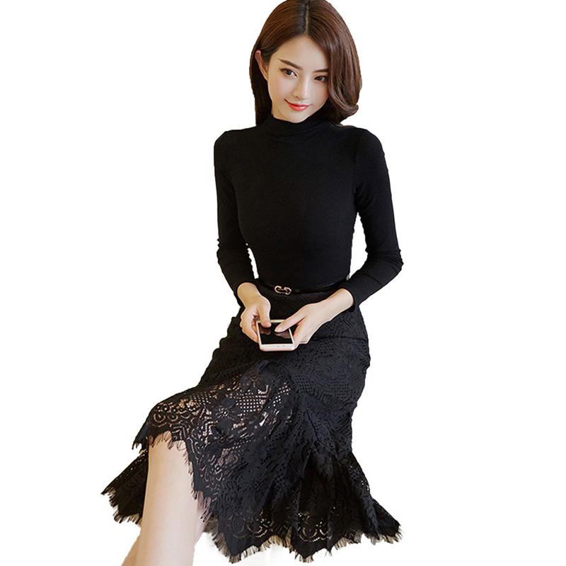 丝柏舍秋装女2018新纯色圆领修身拼接蕾丝中长款连衣裙S83B0317L