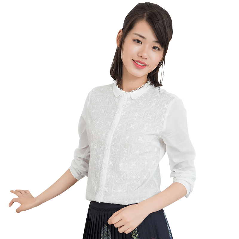 茵曼 清新文艺范刺绣立领纯棉白衬衫女长袖春秋打底衬衣1863011085