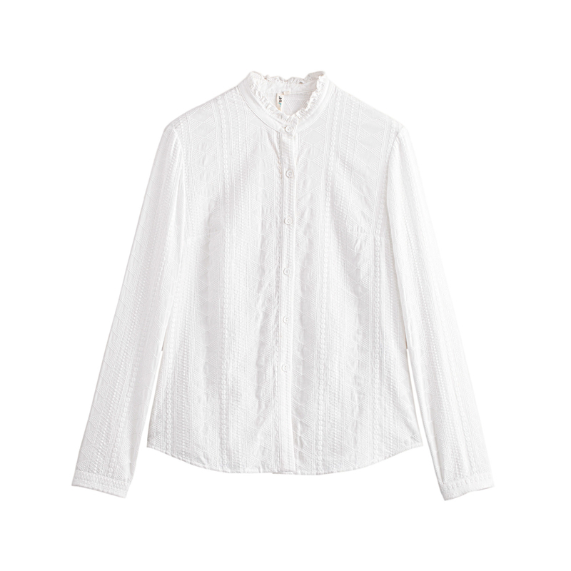 茵曼新纯棉绣花荷叶边立领文艺白衬衫女衬衣1873011021