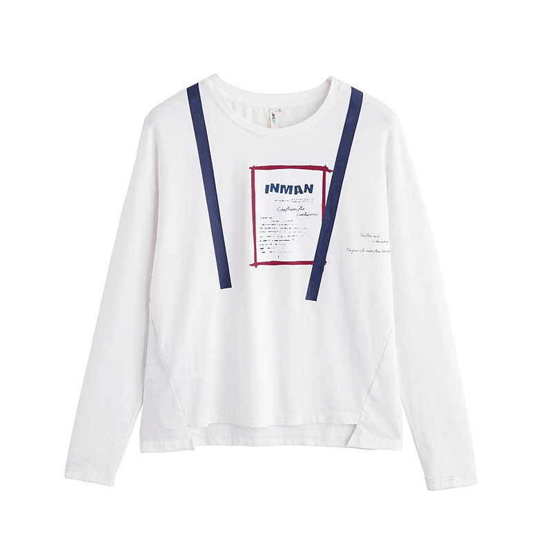 茵曼秋新款前短后长字母印花长袖T恤女圆领宽松白体恤上衣潮1873021003
