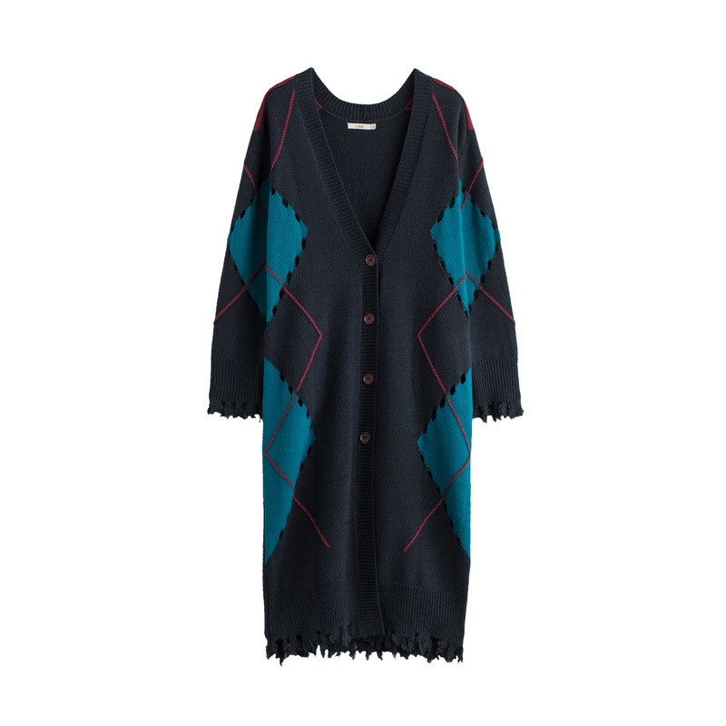 茵曼 2017秋装新款V领撞色格纹针织开衫外套女中长款1873134362
