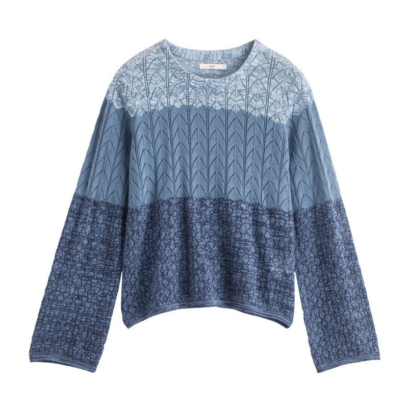 茵曼新款文艺缕空提花渐变色圆领套头针织衫女宽松上衣1873132400