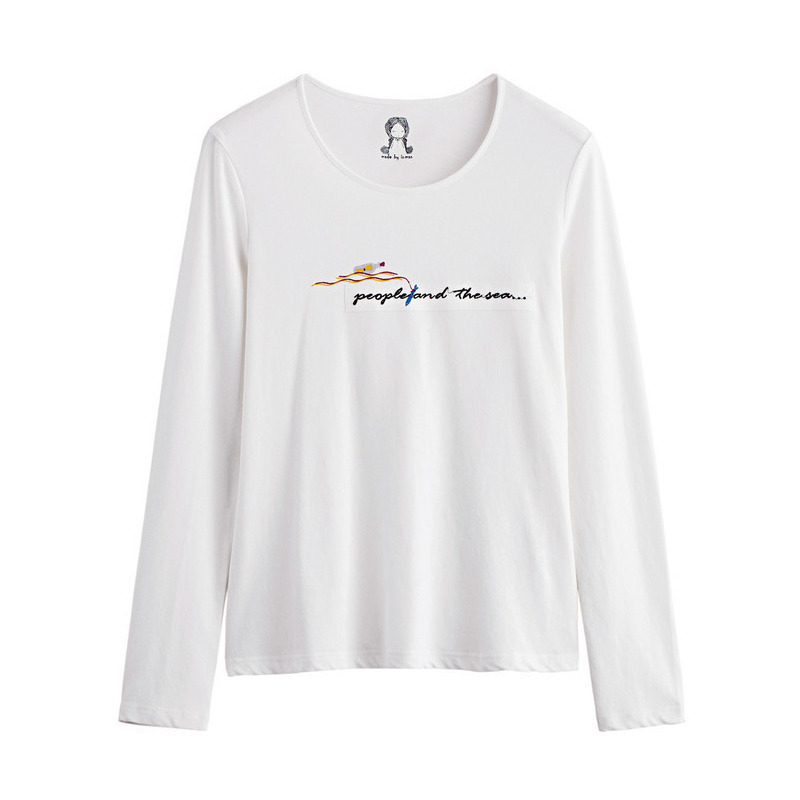 茵曼秋装新款纯棉圆领贴布绣花休闲T恤女1873021149