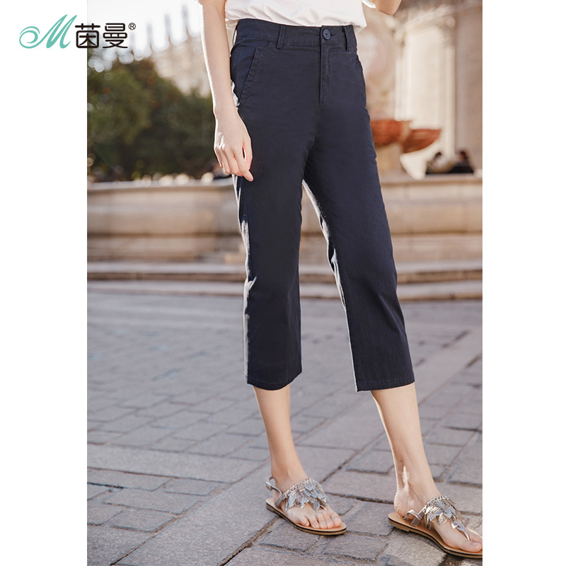 茵曼夏装棉质微弹显瘦修身七分裤休闲裤女裤铅笔裤小脚裤