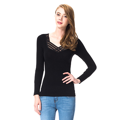 三枪 THREEGUN 美体内衣 秋冬新品修身花边领女上衣打底衫 22584A0