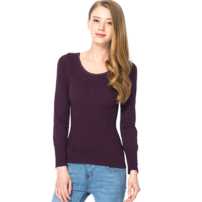 三枪女美体蕾丝圆领打底衫纯色提花修身保暖内衣女棉毛衫22802A0