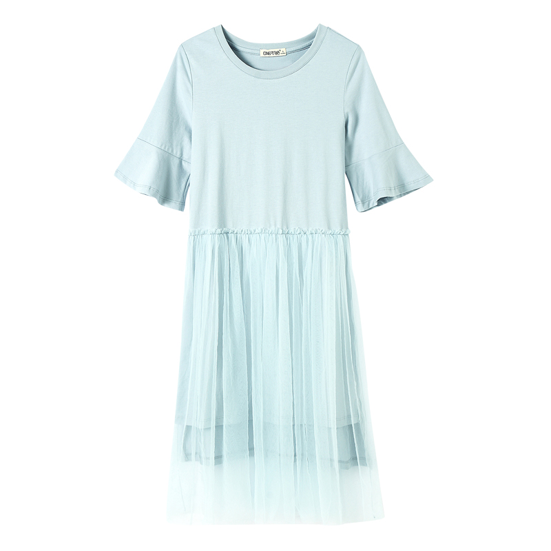 凡兔2018夏季新款女装拼接网纱显瘦短袖连衣裙