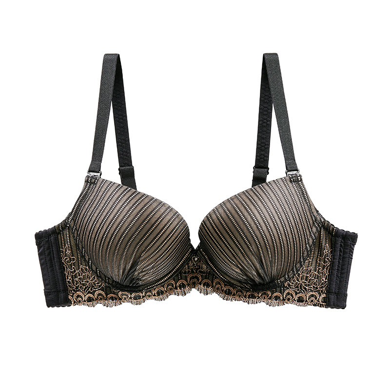 水中花新款简约条纹刺绣网纱收副乳聚拢型文胸舒适透气内衣女318110