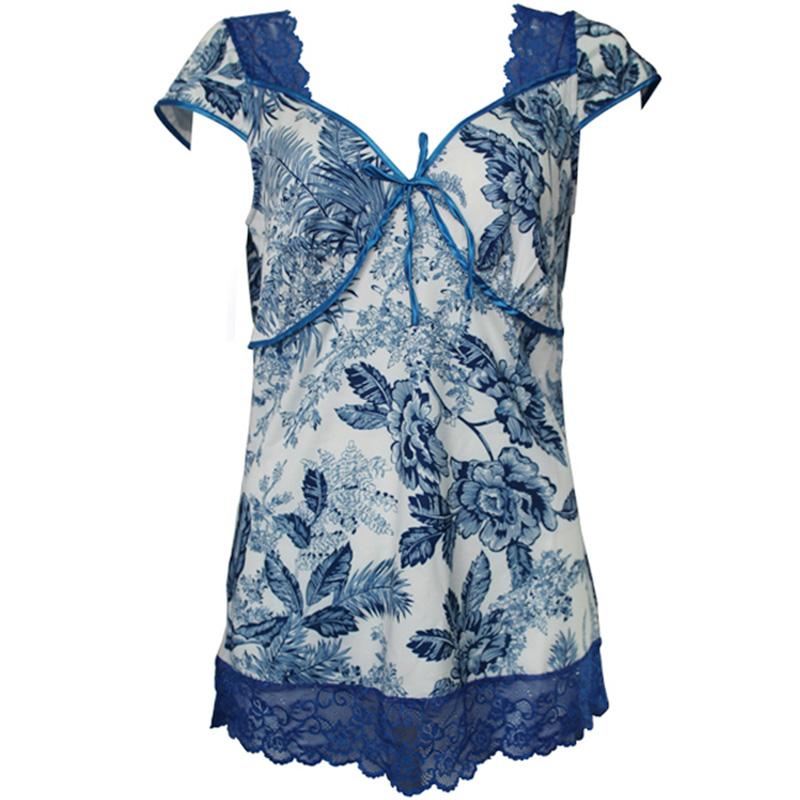 水中花夏季新款蓝色印花纹薄蕾丝女式无袖背心短睡裙家居服