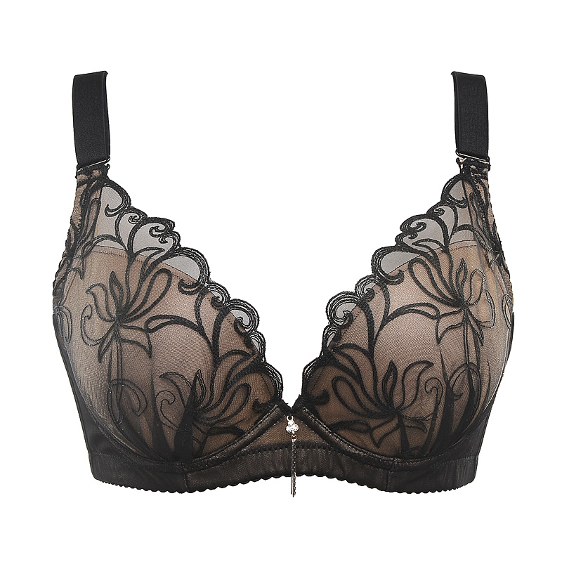 水中花夏款刺绣优雅深V性感钢圈调整聚拢型文胸美背内衣女士