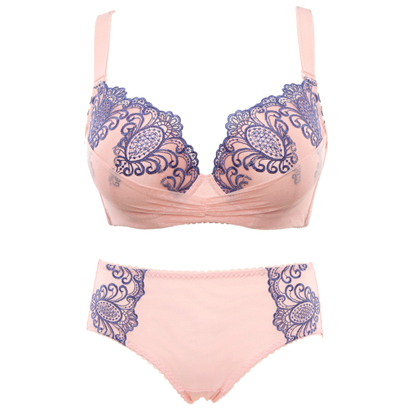 水中花夏新款舒适加厚款聚拢型内衣文胸套装文胸+内裤网纱刺绣透
