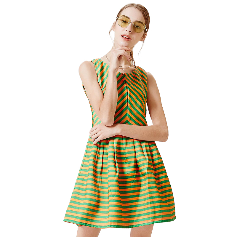 TZI229JS俏丽无袖条纹连衣裙桔色