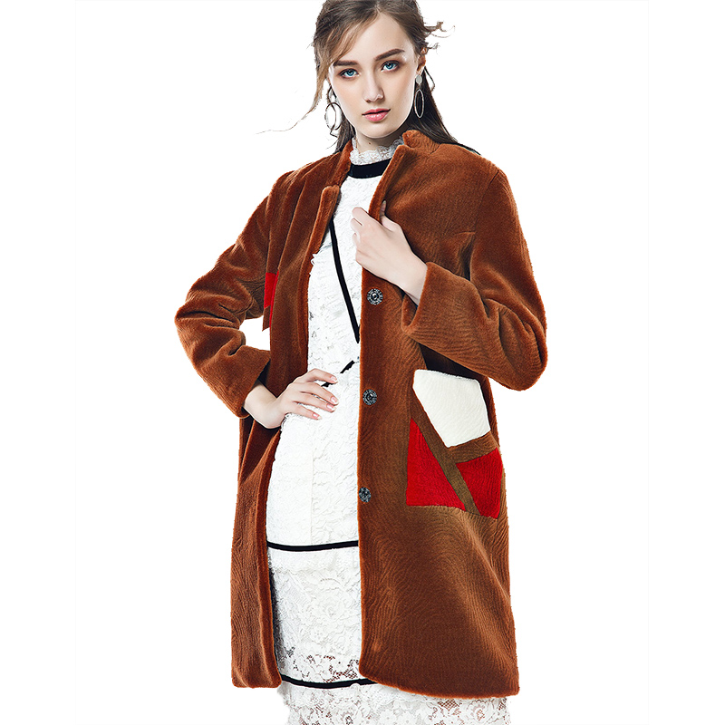 CDN105OT46时尚几何图案立领中长款羊毛外套