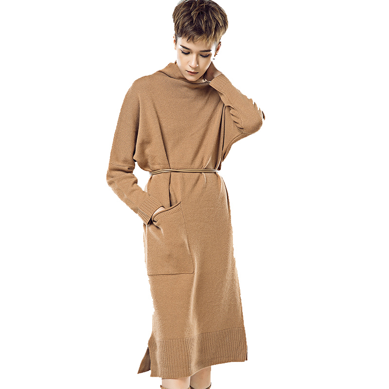 CLB111HC50简约翻领单口袋山羊绒长裙