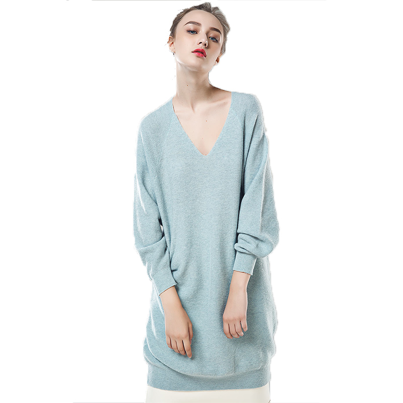 CMX011QS46清新简约V领宽松中长款套头羊毛衫