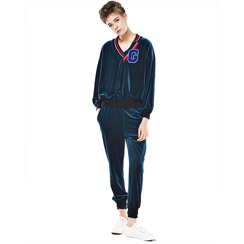 COU015LA46时尚V领字母贴布上衣裤子套装