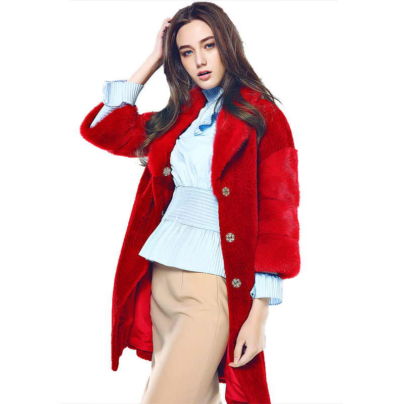 CXC105DH46时尚水貂毛领宽松中长款羊毛外套