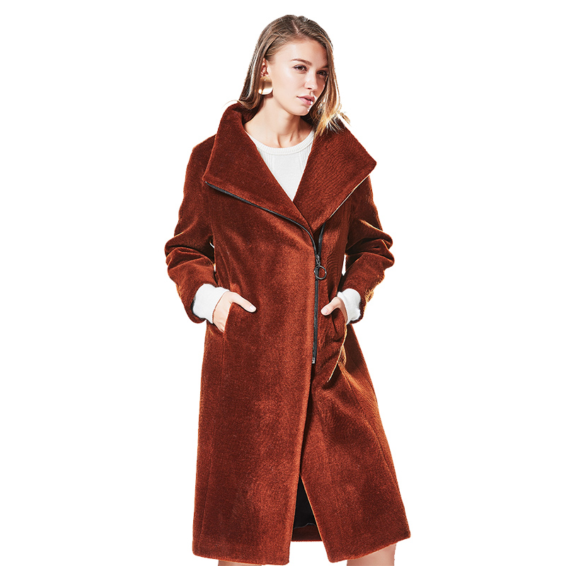 CQZ340JC48保暖舒适拉链开襟插袋中长款羊剪绒大衣