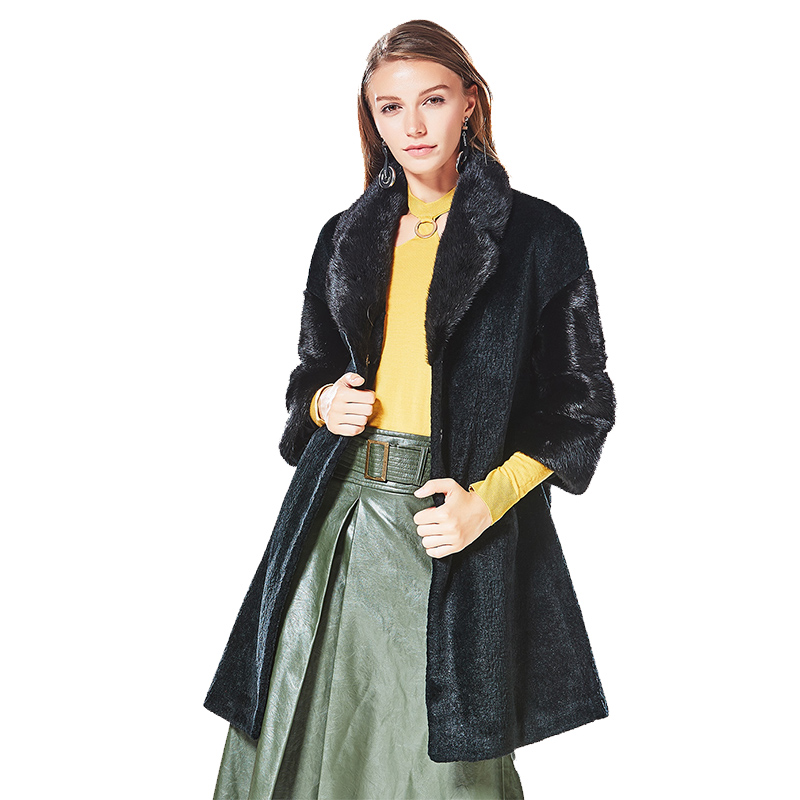 CXC105HE48时尚水貂毛领宽松中长款羊毛外套