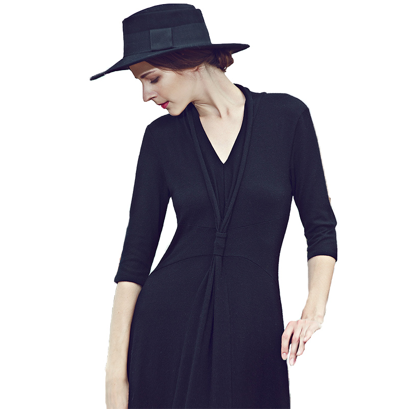 CAJ004HE优雅风韵腰间收褶设计修身长款连衣裙