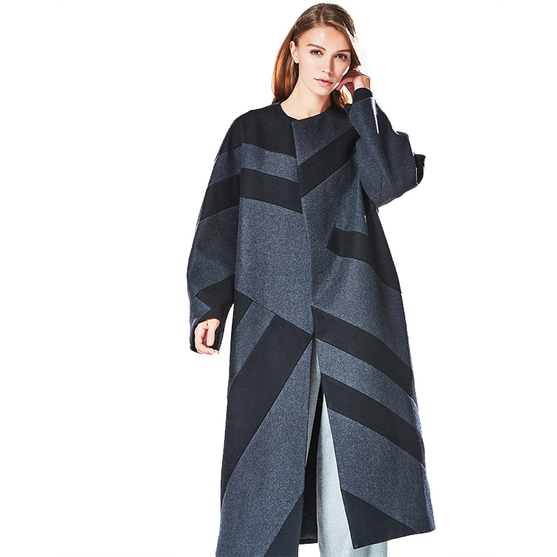 CBI004SH46气质宽松版斜条纹设计中长款羊毛外套