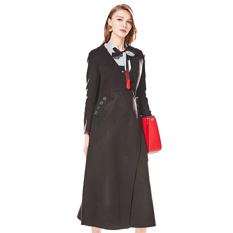 CBI006SK46时尚V领斜边系扣中长款羊毛外套