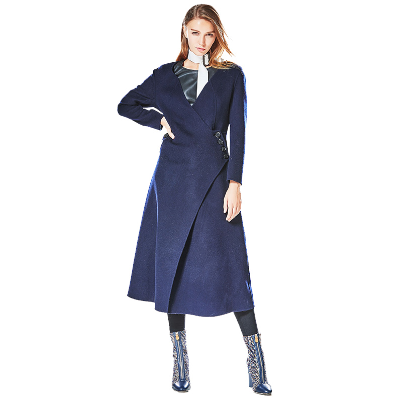 CBI006SL46时尚V领斜边系扣中长款羊毛外套