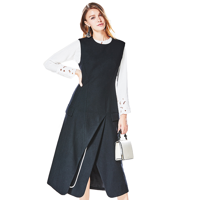 CBI009HE气质修身百搭中长款无袖羊毛连衣裙