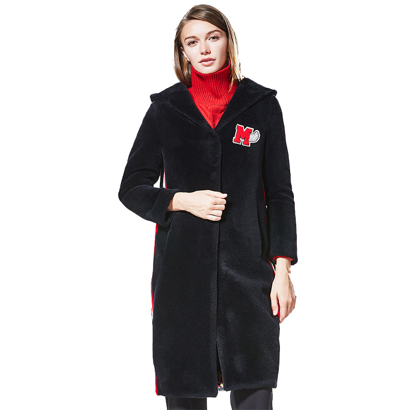 CQY069HE运动休闲字母贴布连帽中长款羊毛外套