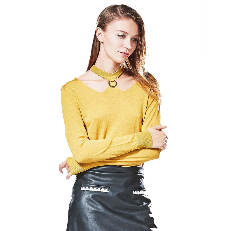 CTY003HU气质镂空设计金属圆环装饰常规款全羊毛套头衫