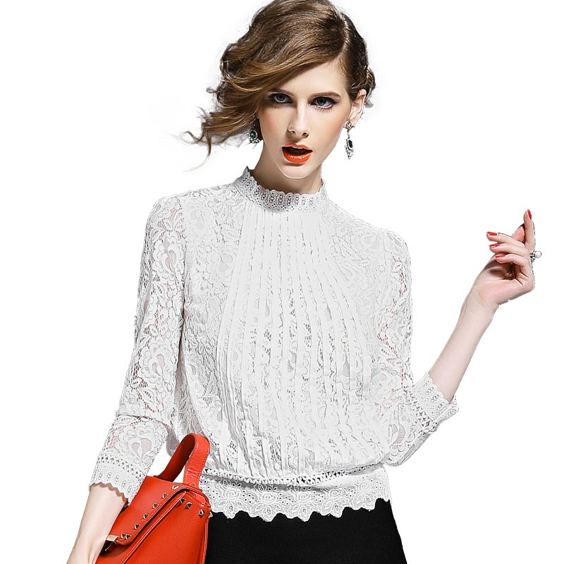 希娅欧洲站秋季七分袖小衫上衣立领百搭收腰打底衫短款镂空蕾丝衫L5997