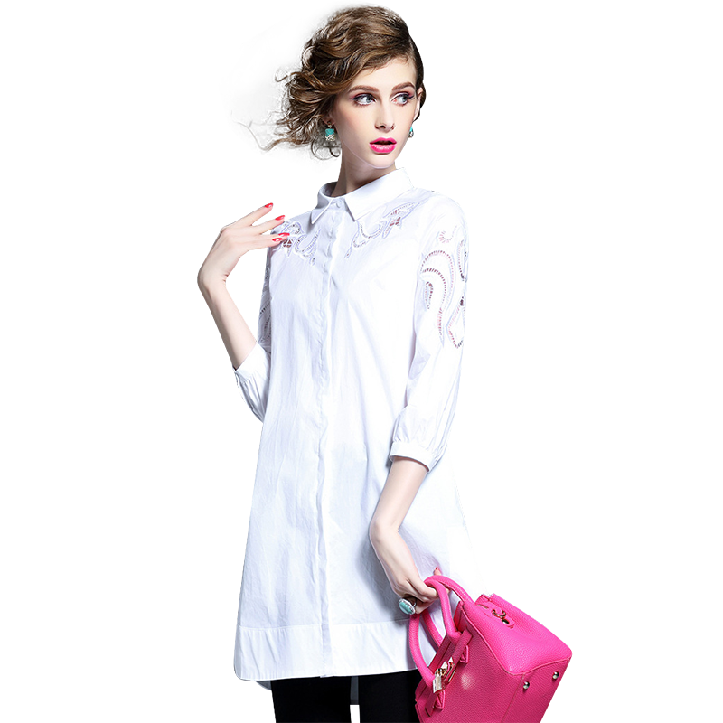 希娅春秋装百搭镂空绣花白衬衫纯色打底衬衣裙女士中长款寸衫上衣C6550