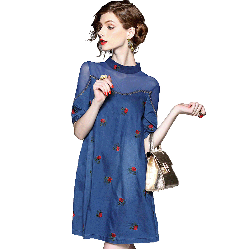 希娅夏季刺绣短袖高腰宽松水洗牛仔裙 薄款A字版网纱拼接连衣裙女L6841