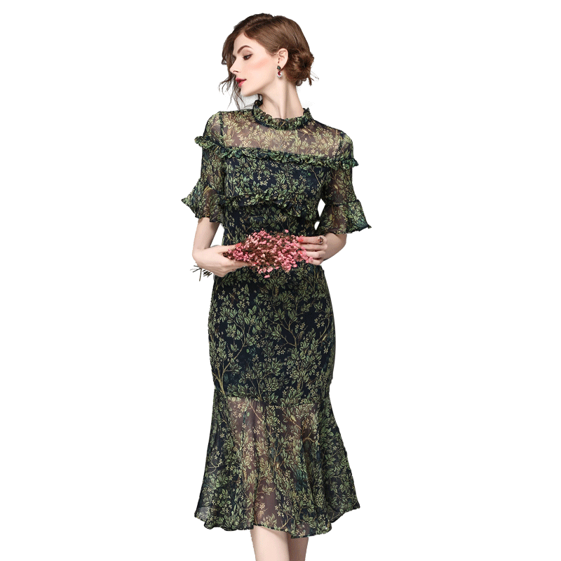 希娅夏季雪纺小碎花喇叭袖鱼尾连衣裙中长款印花荷叶边波西米亚长裙女7L03291