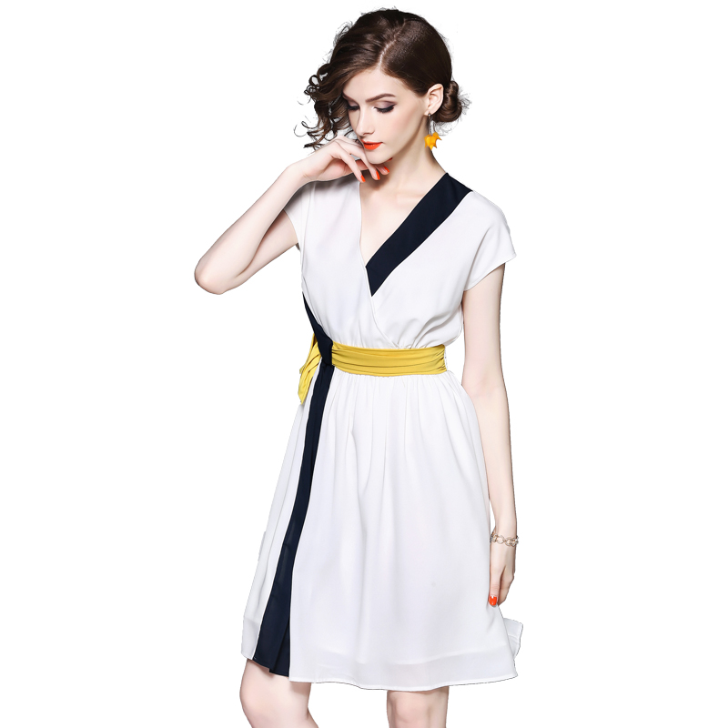 希娅2017新款V领短袖气质A字裙连衣裙收腰遮肚子藏肉小清新夏7L06698