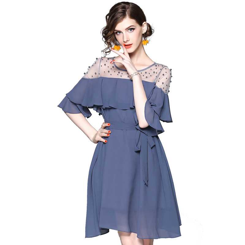 希娅一字领斗篷钉珠拼接连衣裙仙2018新款喇叭袖高腰女夏7L06717