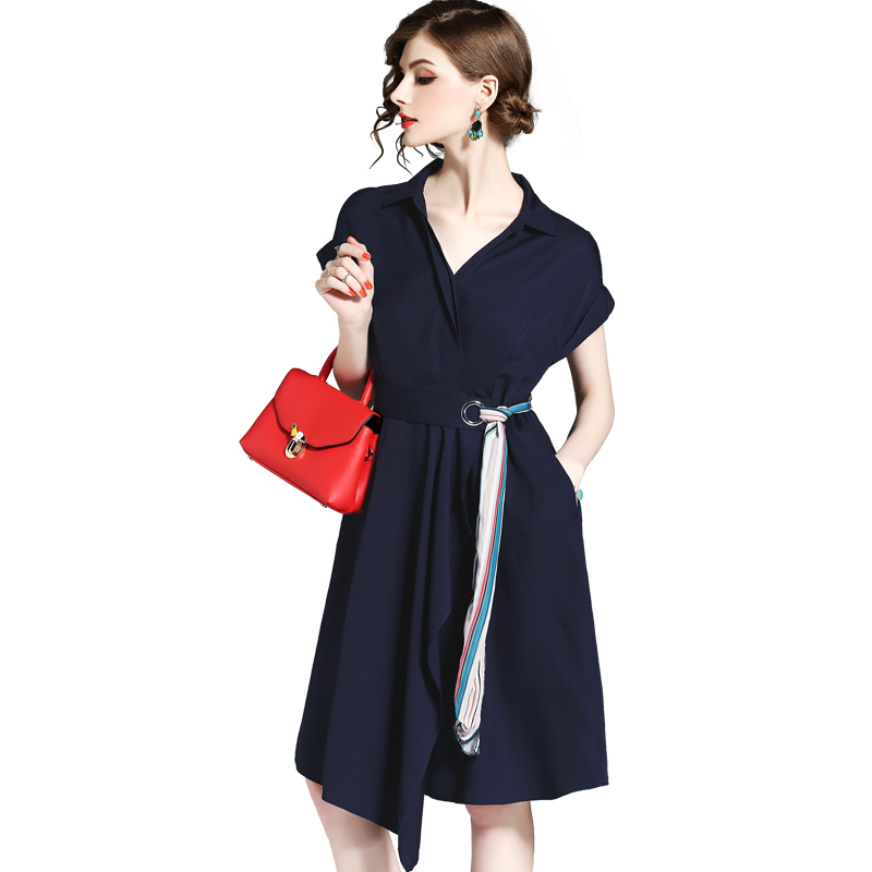 希娅2018款夏季V领不规则连衣裙小香风短袖收腰ol裙子A字裙7L05485