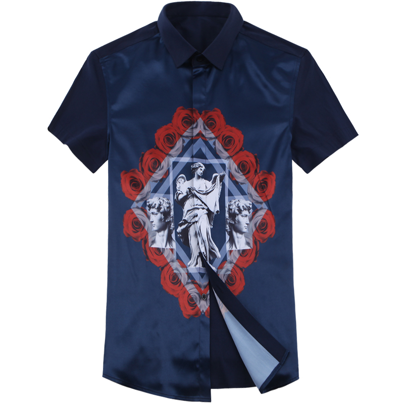 迪尔马奇夏时尚抽象雕塑玫瑰印花拼接男士短袖衬衫上衣M02514