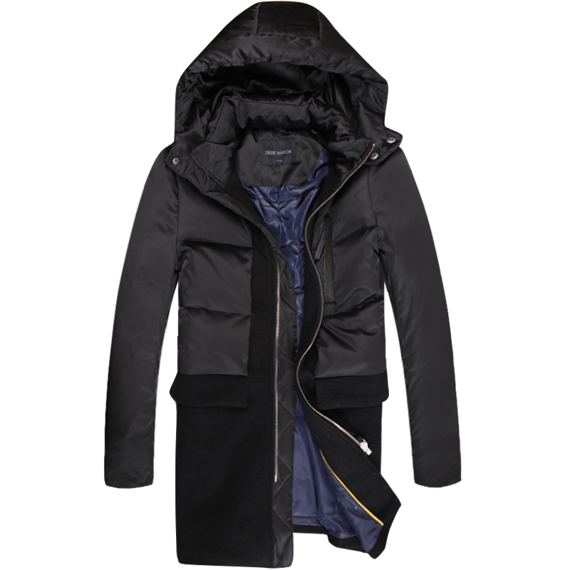 迪尔马奇冬季新款男士中长款羽绒服连帽拼接保暖外套M13669黑色