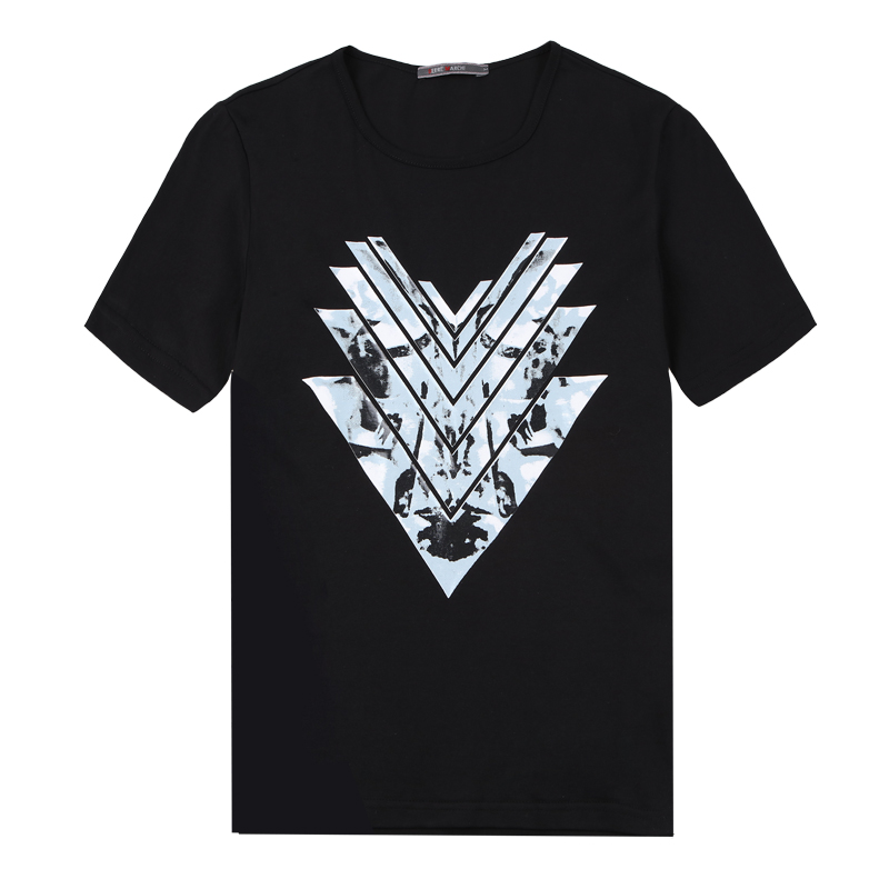 迪尔马奇夏新图案印花全棉修身圆领短袖黑色T恤衫男M01702