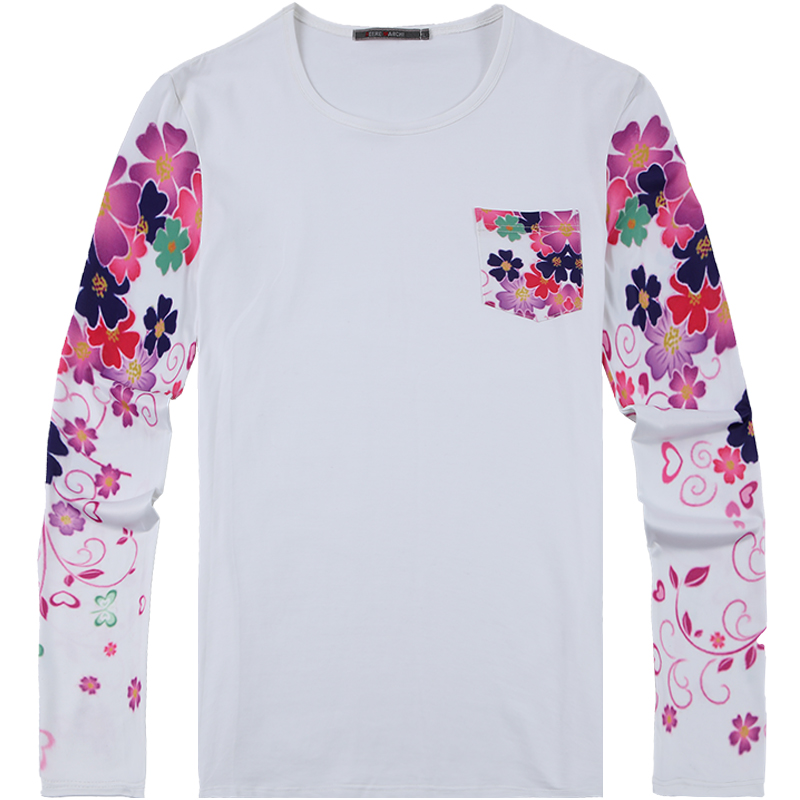 迪尔马奇春夏新品弹力丝滑袖子印花圆领长袖T恤衫男M07590