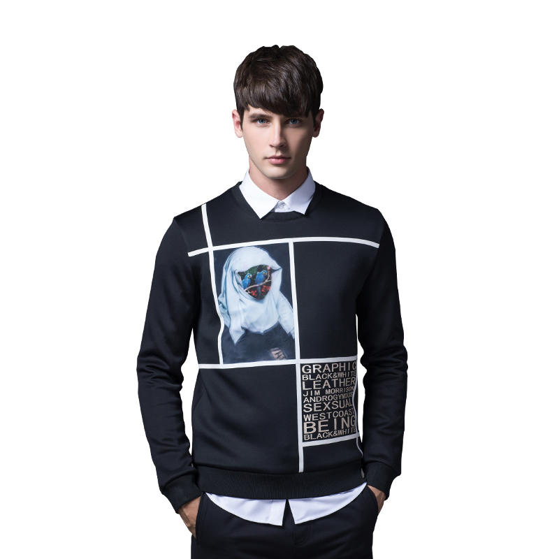 迪尔马奇 秋季新款欧根纱拼接印花空气层高街潮男卫衣M08535